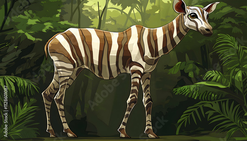 Quagga-like animal standing in lush green jungle.