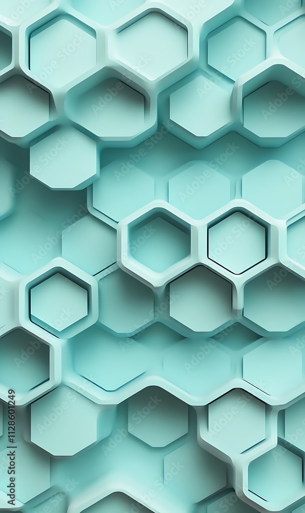 Naklejka premium Cyan hexagons with subtle gradients, floating on a light cyan background, creating a sense of depth. 