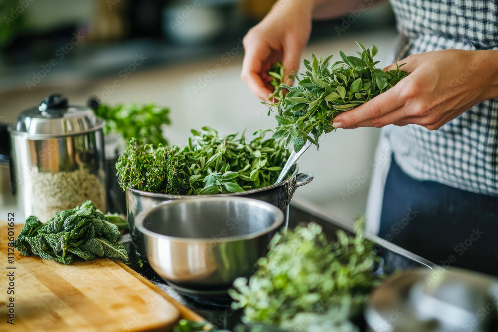 Fresh herbs selection and preparation in a kitchen setting Fresh herbs selection and preparation in a kitchen setting