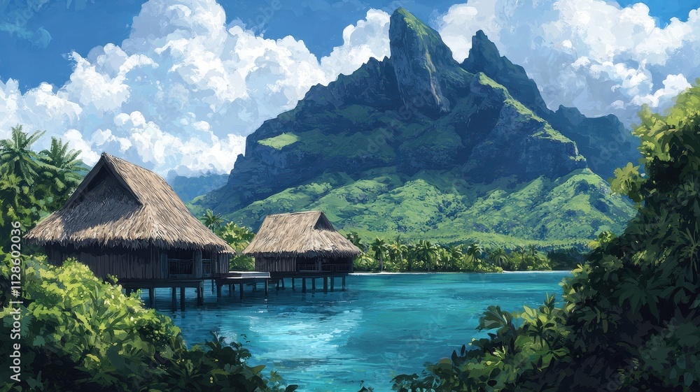 Idyllic Tropical Island Paradise Overwater Bungalows Turquoise Lagoon Lush Mountains Idyllic Tropical Island Paradise Overwater Bungalows Turquoise Lagoon Lush Mountains