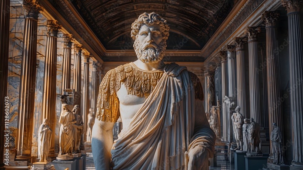 Obraz premium The Statue of Zeus at Olympia with artisans polishing its golden ornaments in a grand ceremonial hall.