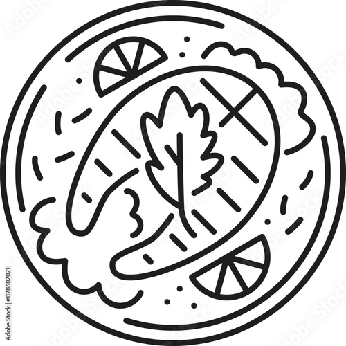 Salmon fish meat meal thin line icon. Restaurant seafood dish, fish meat cooking linear icon, tuna raw product, culinary meal ingredient outline vector pictogram or sign with salmon steak on plate