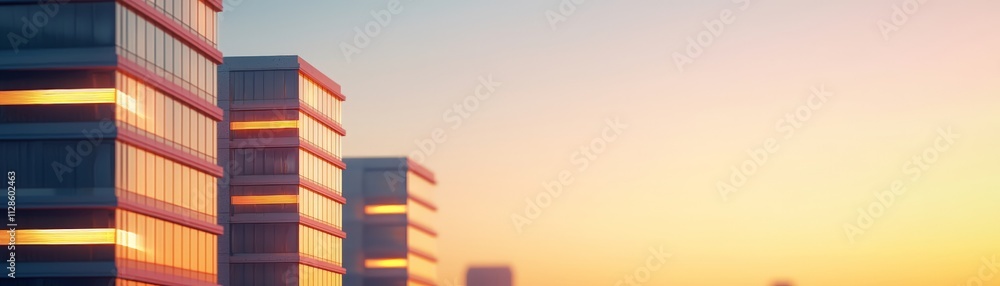Fototapeta premium Digital Transformation Driving Business Modernization and Growth, Modern skyscrapers reflecting sunset light against a colorful sky.