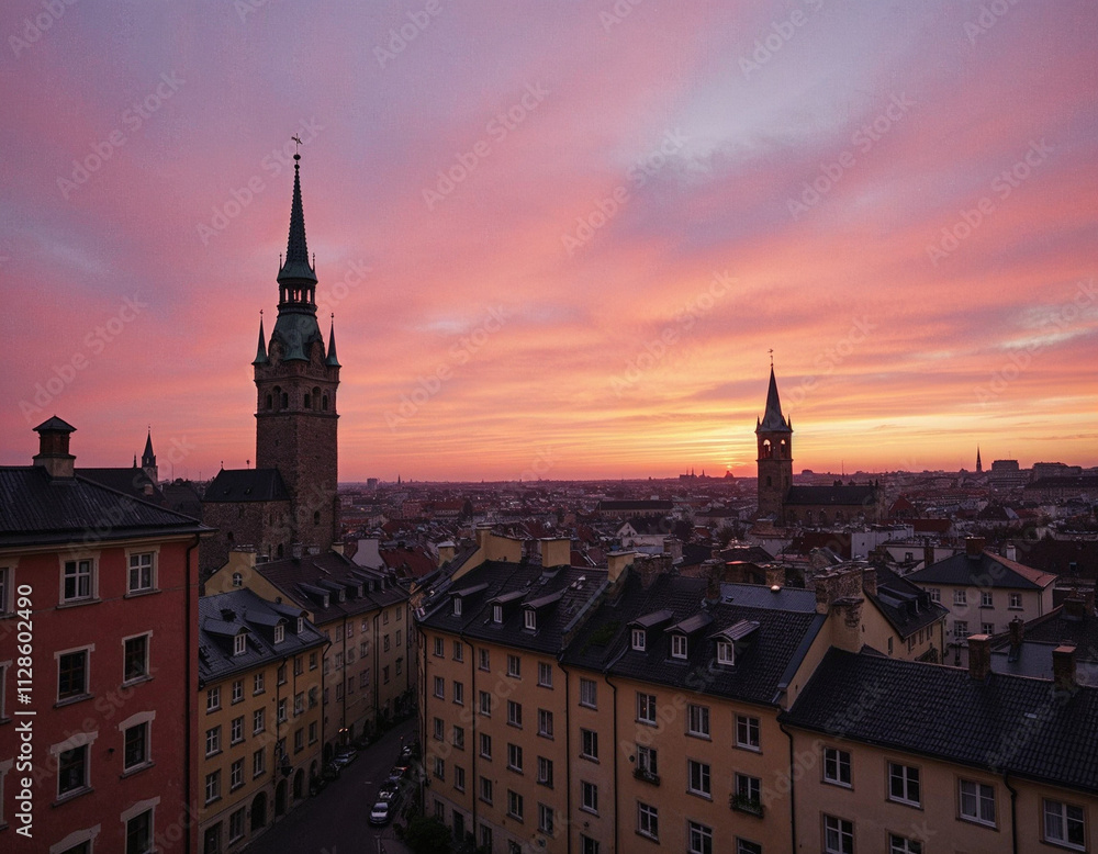 Naklejka premium Stockholm, Sweden. Scenic summer sunset view with colorful sky of the Old Town architecture in Sodermalm district