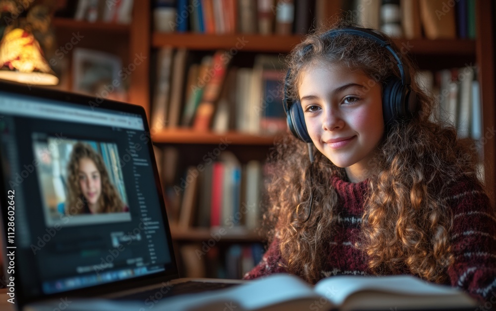 Young girl with curly hair using laptop and headphones Young girl with curly hair using laptop and headphones