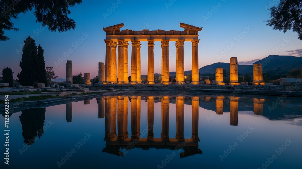 Obraz premium The Temple of Artemis glowing at twilight its grand columns reflected in a serene pool.