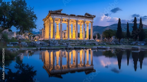 The Temple of Artemis glowing at twilight its grand columns reflected in a serene pool.