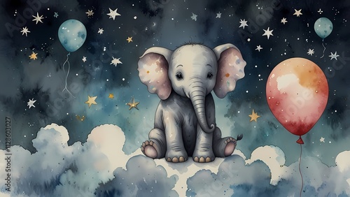 Watercolor illustration, baby elephant seated on a cloud with stars and balloons. Perfect idea for drawing clipart, children's book, nursery decor, and birthday party. 