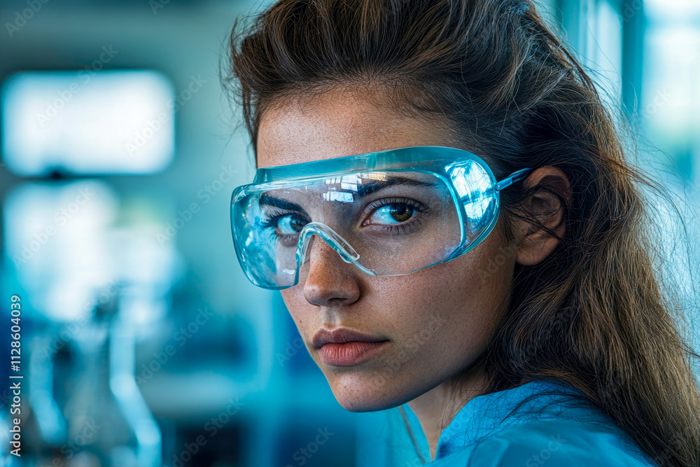Focused young caucasian female scientist wearing safety goggles in laboratory Focused young caucasian female scientist wearing safety goggles in laboratory