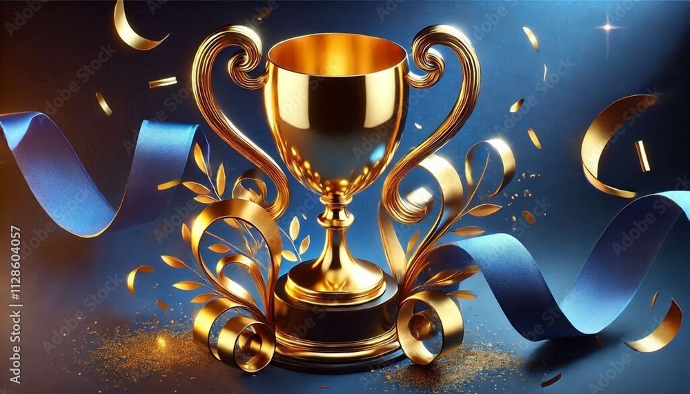 Elegant Golden Trophy with Blue Ribbon and Celebratory Confetti. Elegant Golden Trophy with Blue Ribbon and Celebratory Confetti.