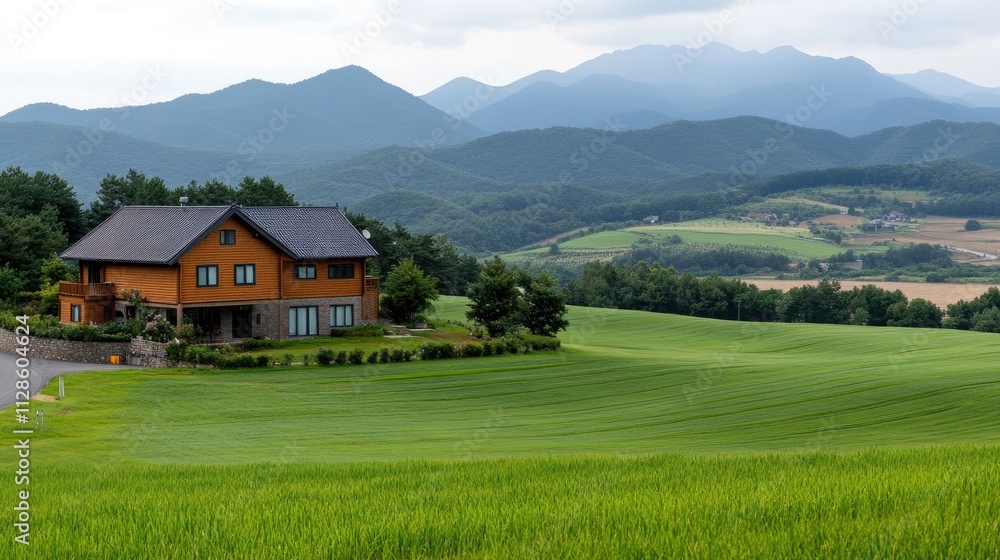 A picturesque house nestled in the mountains, surrounded by lush cannabis fields under a soft, misty morning light A picturesque house nestled in the mountains, surrounded by lush cannabis fields under a soft, misty morning light
