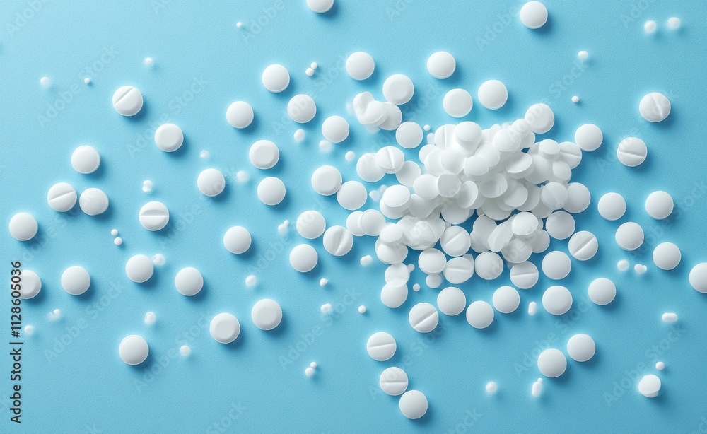 Floating white pills against dynamic blue background Floating white pills against dynamic blue background