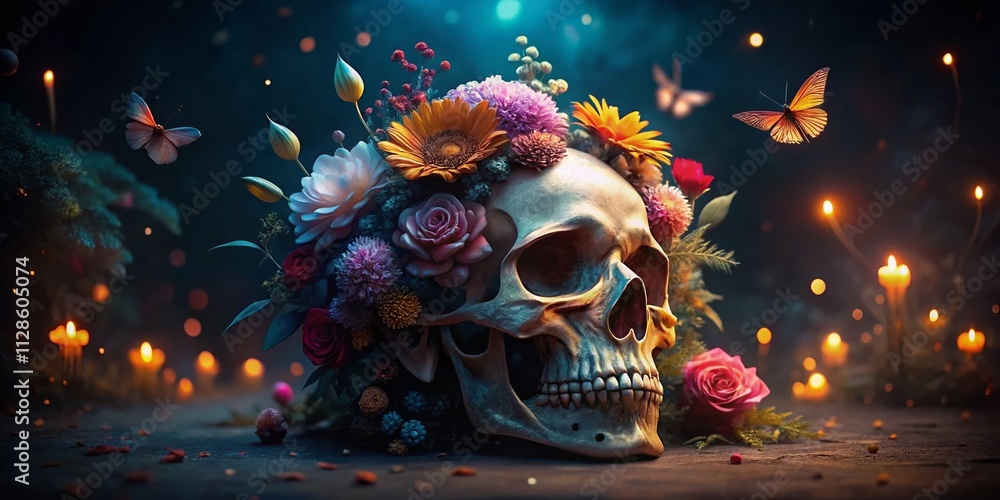 A Mystical Scene of a Skull Adorned with Vibrant Flowers and Delicate Butterflies in Low Light, Capturing the Intrigue of Nature's Beauty and Mortality in a Dark Atmosphere A Mystical Scene of a Skull Adorned with Vibrant Flowers and Delicate Butterflies in Low Light, Capturing the Intrigue of Nature's Beauty and Mortality in a Dark Atmosphere