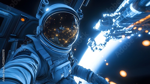 An astronaut floating near a glowing space station with the reflection of docking lights in their helmet visor.