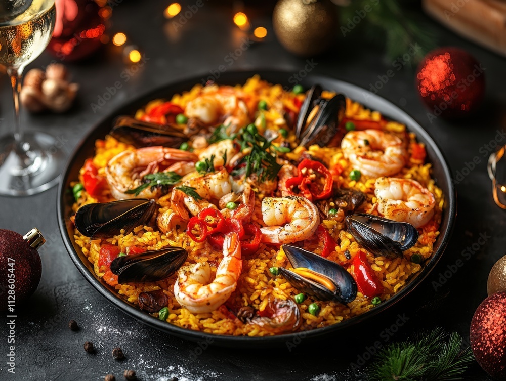 Savoring Christmas A Seafood Paella Feast Festive Table Gourmet Cuisine Cozy Atmosphere Culinary Delight Savoring Christmas A Seafood Paella Feast Festive Table Gourmet Cuisine Cozy Atmosphere Culinary Delight