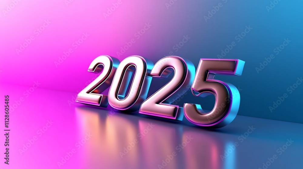 Shiny 2025 metallic digits on neon background. Shiny 2025 metallic digits on neon background.