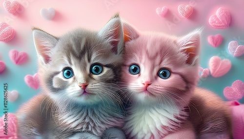 A cute, little two baby kitty, symbol of love. Pastel, creative, animal concept. Valentine's Day, a small cat couple in a pet relationship. Illustration