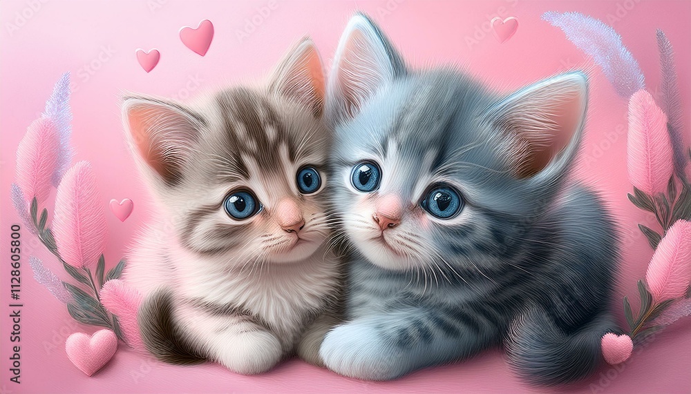 A cute, little two baby kitty, symbol of love. Pastel, creative, animal concept. Valentine's Day, a small cat couple in a pet relationship. Illustration A cute, little two baby kitty, symbol of love. Pastel, creative, animal concept. Valentine's Day, a small cat couple in a pet relationship. Illustration