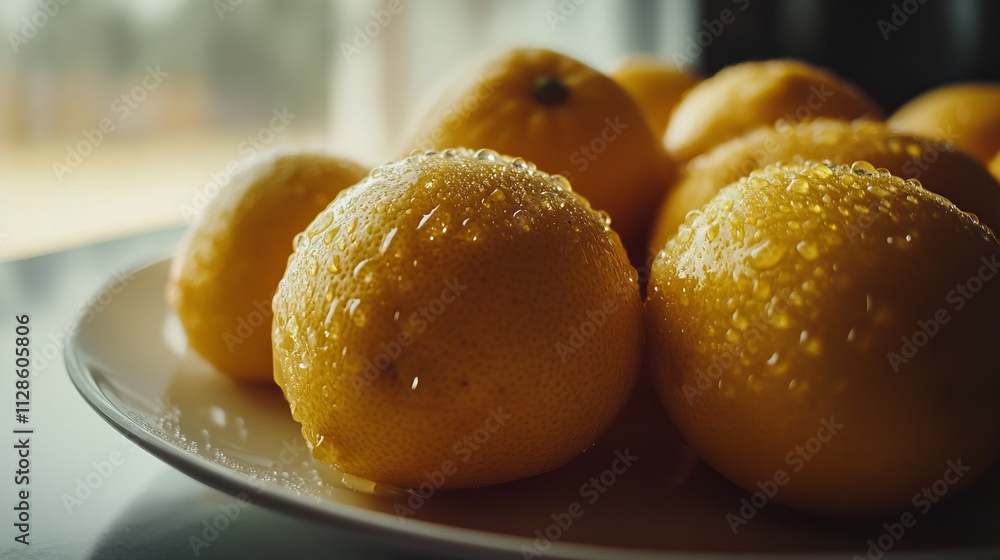 Close-up of Fresh Lemons with Water Droplets on a Plate - Vibrant Citrus Fruit Photography Close-up of Fresh Lemons with Water Droplets on a Plate - Vibrant Citrus Fruit Photography