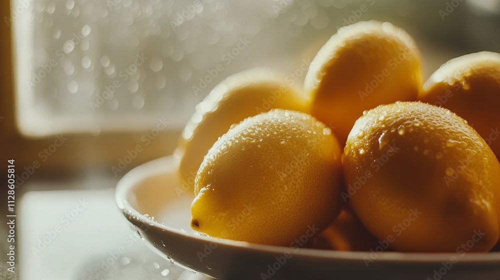 Close-up of Fresh Lemons with Water Droplets on a Plate. A Vibrant Display of Citrus Fruit. Perfect for Food Photography Close-up of Fresh Lemons with Water Droplets on a Plate. A Vibrant Display of Citrus Fruit. Perfect for Food Photography
