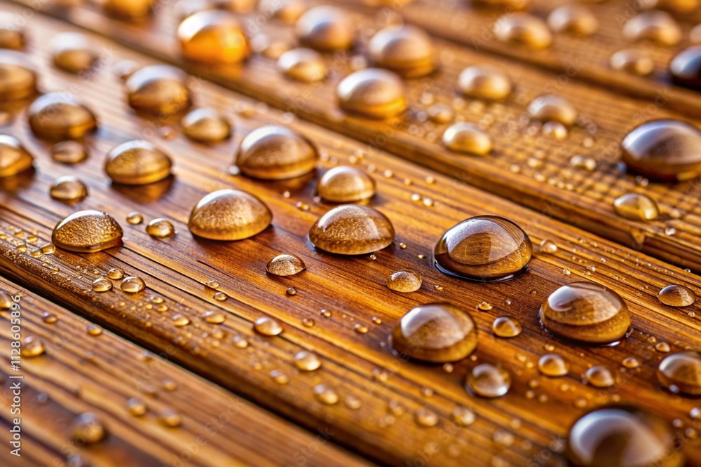 A wooden surface with many small droplets of water on it A wooden surface with many small droplets of water on it