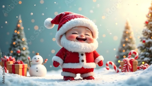 Adorable Cartoon Santa Kid in an Oversized Red Suit, Surrounded by Whimsical Snowy Landscape with Tiny Snowman, Colorful Gifts, Candy Canes, and Glowing Christmas Lights