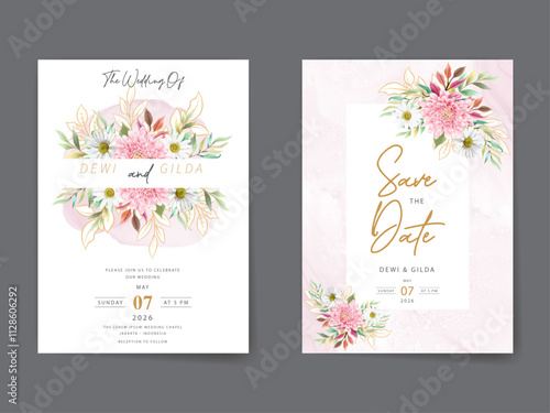 beautiful flower and leaves wedding invitation card template