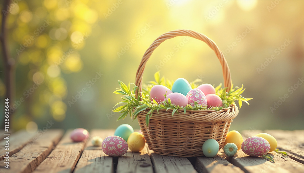 Woven basket filled with colorful Easter eggs and greenery, cheerful spring ambiance, soft sunlight Woven basket filled with colorful Easter eggs and greenery, cheerful spring ambiance, soft sunlight