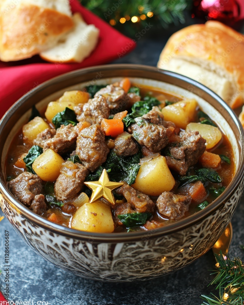 Christmas Feast Hearty Holiday Stew with Bread Rolls Cozy Kitchen Food Presentation Festive Atmosphere Comfort Food Delight Christmas Feast Hearty Holiday Stew with Bread Rolls Cozy Kitchen Food Presentation Festive Atmosphere Comfort Food Delight