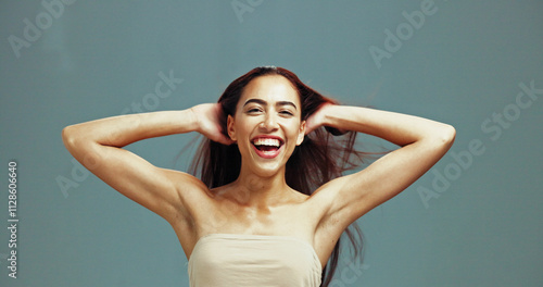 Excited, hair care and portrait of woman with beauty in studio, growth and texture on background. Hairstyle, face and model in makeup cosmetics for keratin treatment, aesthetic and laughing at salon