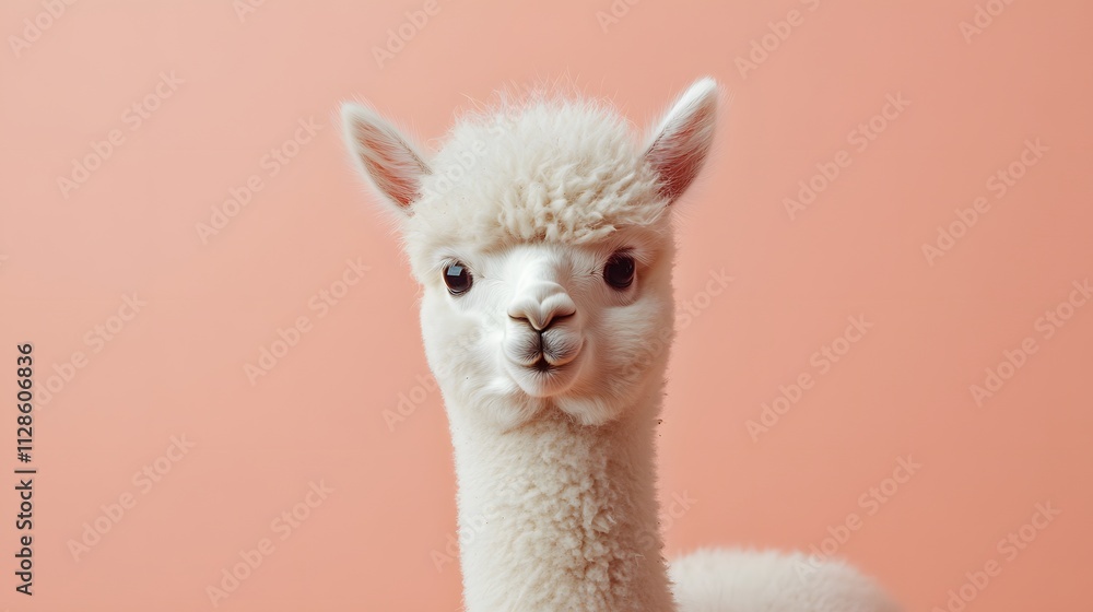 Fototapeta premium A baby alpaca with fluffy cream-colored fur standing on a warm peach background tilting its head playfully.