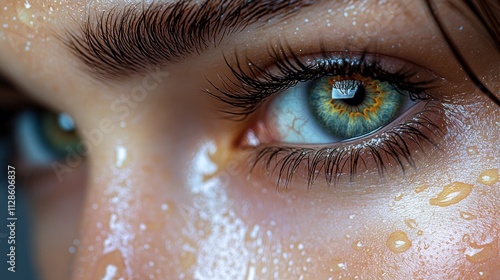 Close-up of woman's face with glistening skin and expressive eyes.