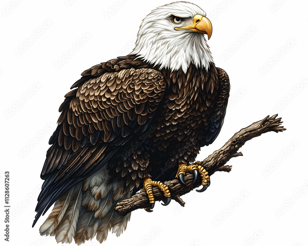 Obraz premium Majestic bald eagle perched on a branch, detailed feathers, intense gaze.