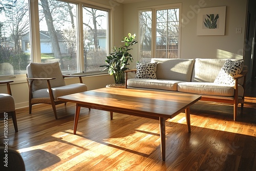 Minimalist, mid century modern interiors in the living room with sofa and wood table. Generative AI 