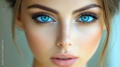 Close-up portrait of a beautiful woman with vibrant blue eyes and flawless makeup.