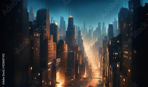 Futuristic Cityscape at Night with Illuminated Buildings and Roadway