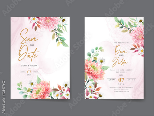beautiful flower and leaves wedding invitation card template