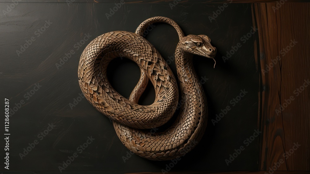 Obraz premium Intricate Carving of a Coiled Snake on Dark Wood