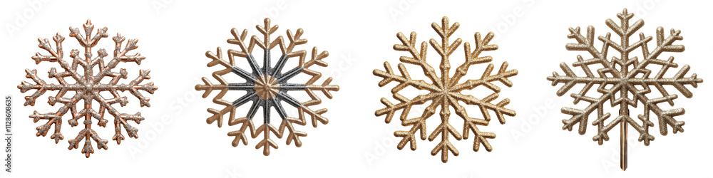 Close up of beautiful elegant and shiny Christmas snowflake ornaments on a serene white winter background Intricate Close up of beautiful elegant and shiny Christmas snowflake ornaments on a serene white winter background Intricate