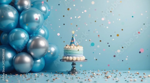 birthday party background with blue balloons and cake