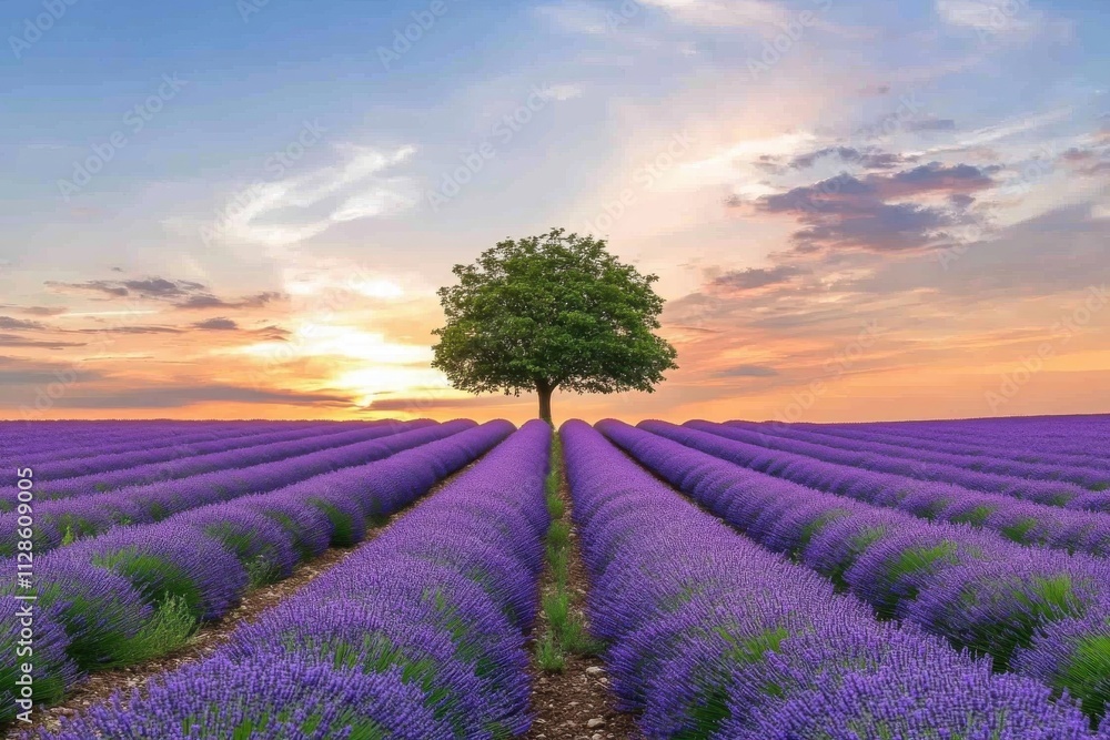 A breathtaking landscape featuring rows of blooming lavender stretching toward the horizon A breathtaking landscape featuring rows of blooming lavender stretching toward the horizon