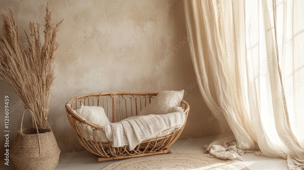 Cozy, minimalist interior featuring a rattan chair, soft textiles, and natural light. Cozy, minimalist interior featuring a rattan chair, soft textiles, and natural light.