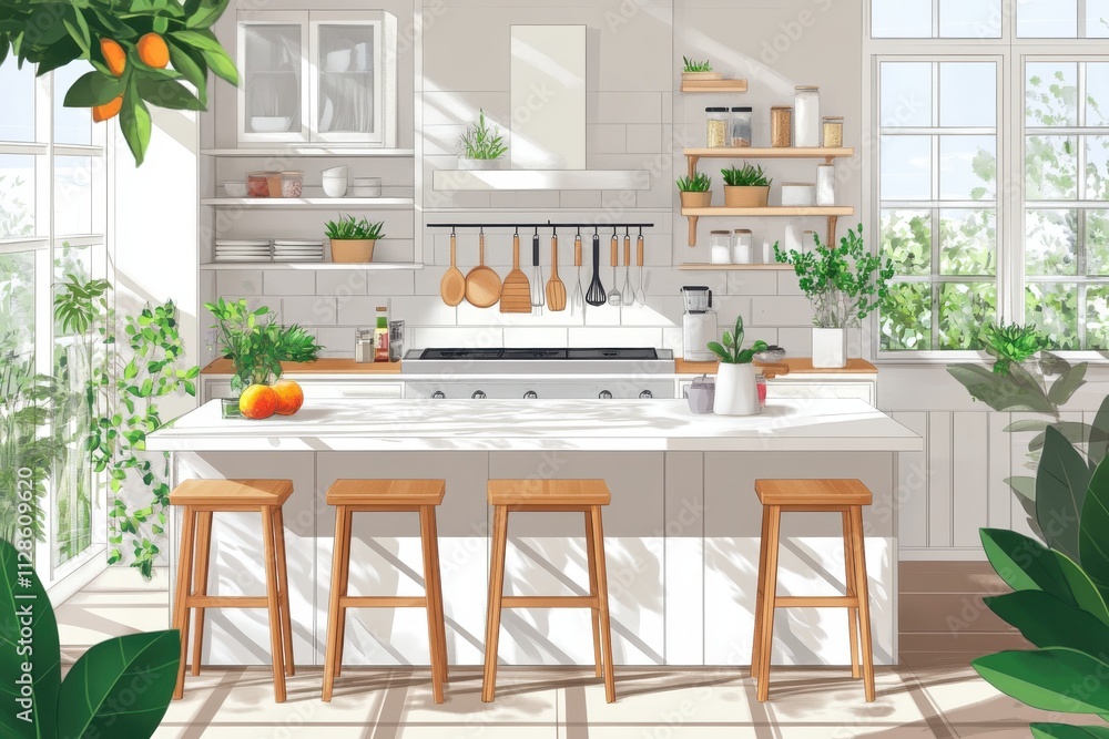 Obraz premium A bright, modern kitchen with a central island featuring white marble countertops