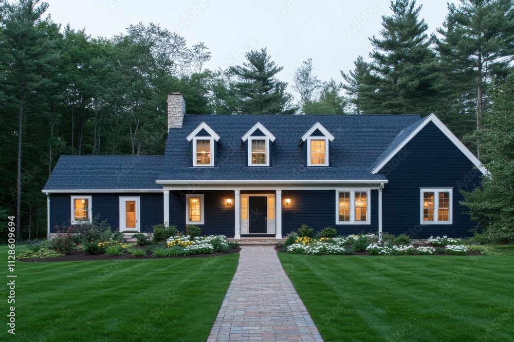 A charming modern suburban house with navy blue siding and white trim A charming modern suburban house with navy blue siding and white trim