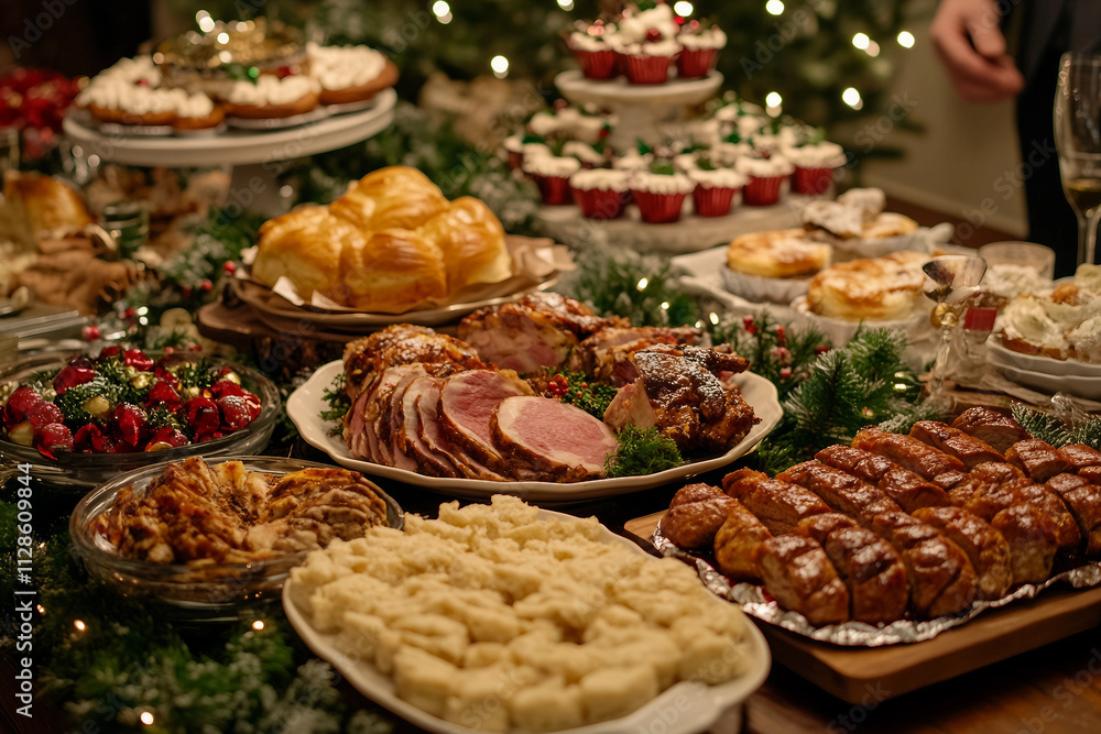 Generative AI Image of a Christmas Dinner Table Featuring Meat Meals, Roasted Potatoes, and Festive Side Dishes Generative AI Image of a Christmas Dinner Table Featuring Meat Meals, Roasted Potatoes, and Festive Side Dishes