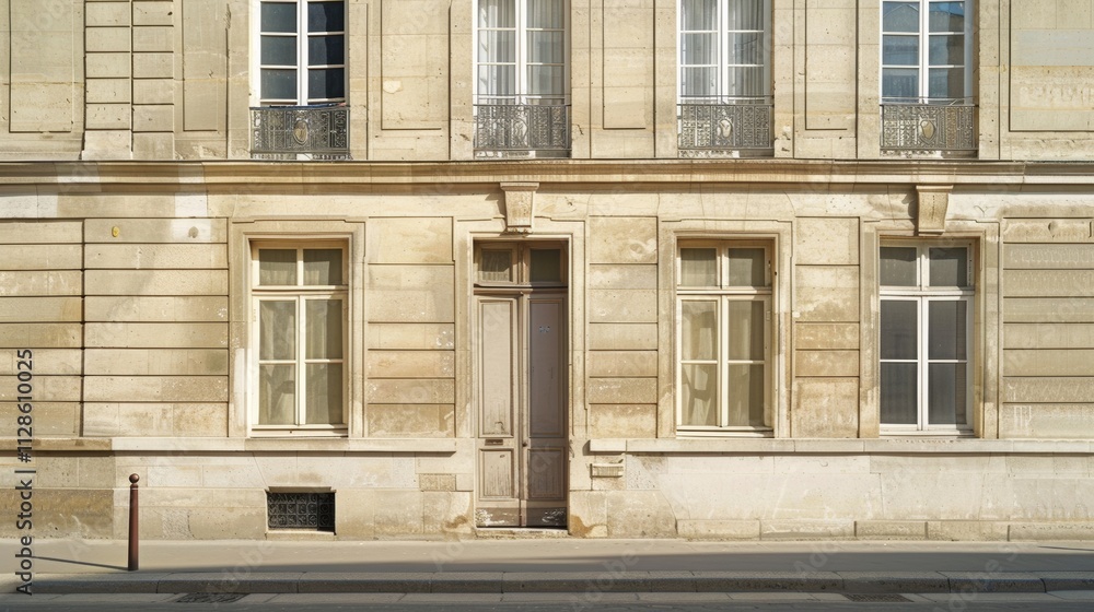Elegant Parisian architecture, minimalist building, full wall with windows and doors, sunny afternoon, peaceful urban environment, no people present.