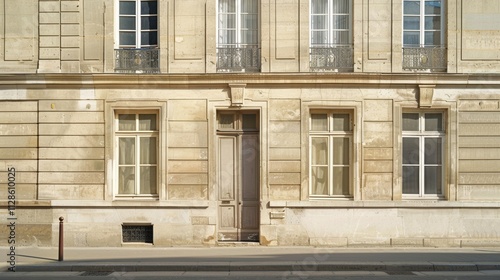 Obraz na płótnie Elegant Parisian architecture, minimalist building, full wall with windows and doors, sunny afternoon, peaceful urban environment, no people present. w salonie