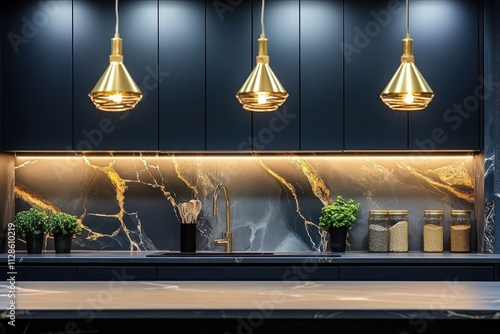 A classic kitchen with deep navy cabinetry and a marble backsplash photo