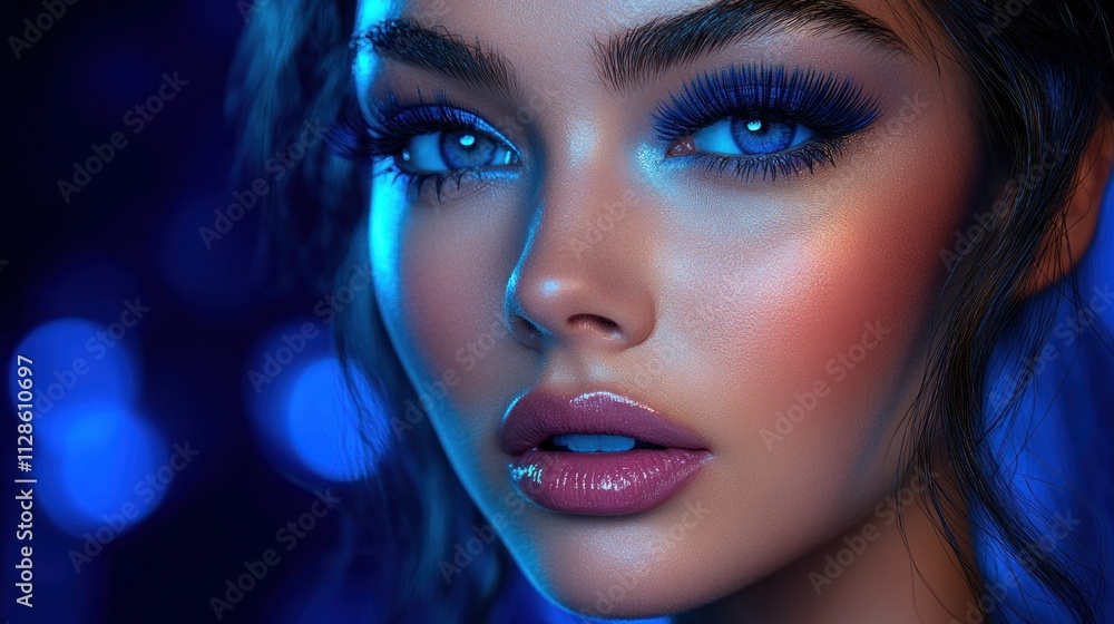 Close-up portrait of a young woman with blue eye makeup and glowing skin. Close-up portrait of a young woman with blue eye makeup and glowing skin.