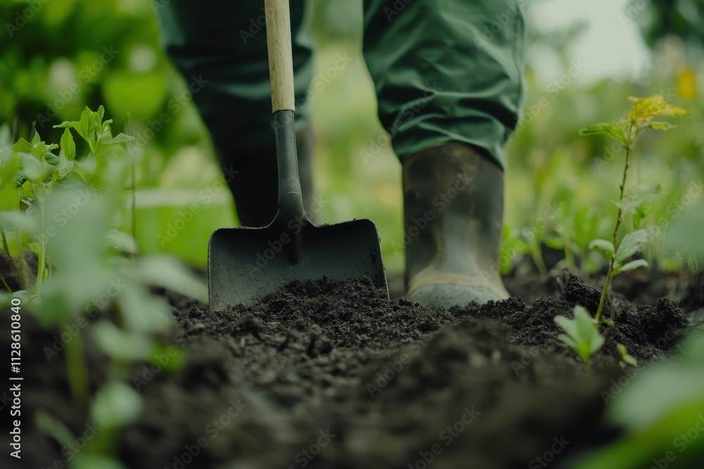 A close-up of a gardener shoveling dark, moist soil wearing green pants and sturdy boots A close-up of a gardener shoveling dark, moist soil wearing green pants and sturdy boots